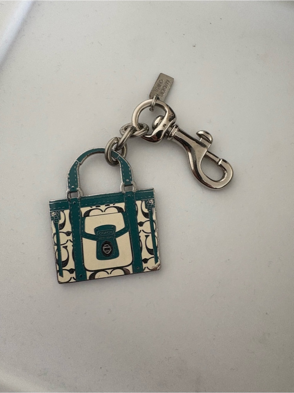 Coach Teal and Cream Signature Tote Bag Charm Keychain